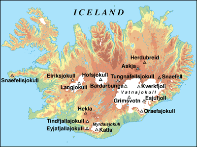 iceland volcanoes map. Iceland base map courtesy of